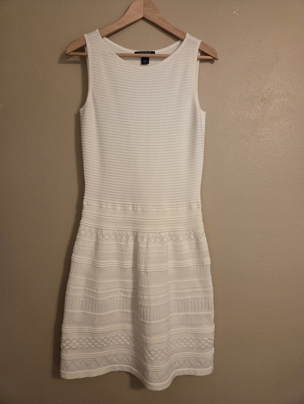 LAUREN RALPH LAUREN Ivory Cotton Textured Ribbed Knit Crochet Dress Women's SZ S